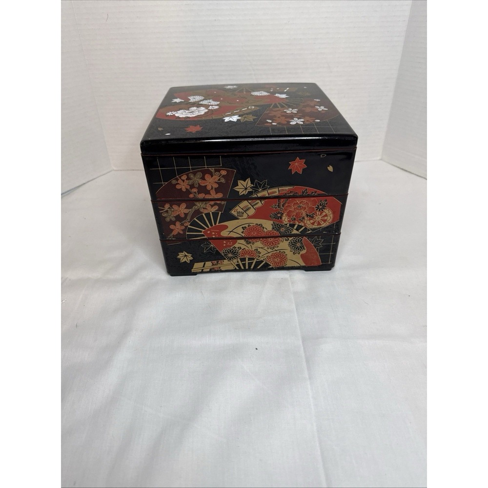 Japanese Black Laquer Red Gold Fan Floral Three Drawer Bento Jewelry Box